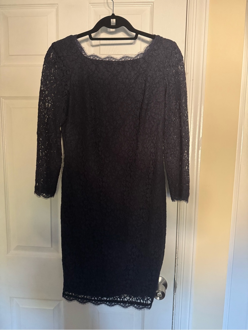 Adrianna Papell Navy Lace Midi Dress with Three-Quarter Sleeves